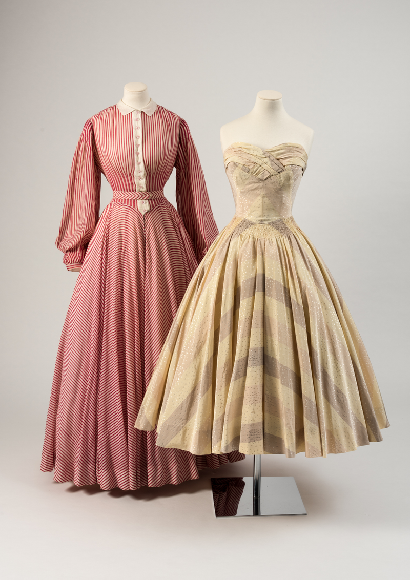 Evening dresses worn by Princess Margaret. Left: red and white striped cotton by Norman Hartnell 1949; right: yellow, grey and peach figured silk by Norman Hartnell, about 1953